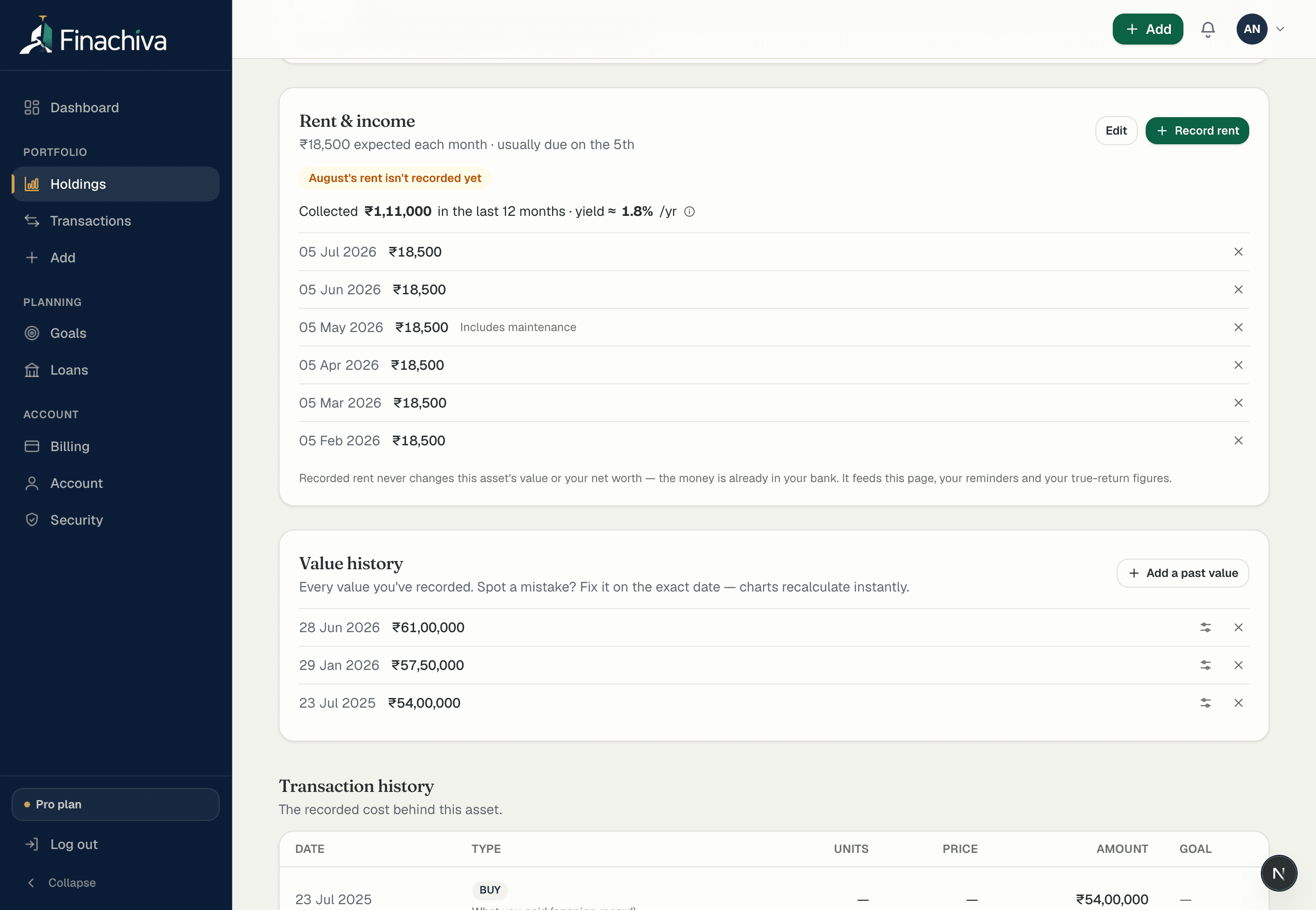 A property's page: the rent ledger with monthly receipts and yield, and the editable value history (sample data)